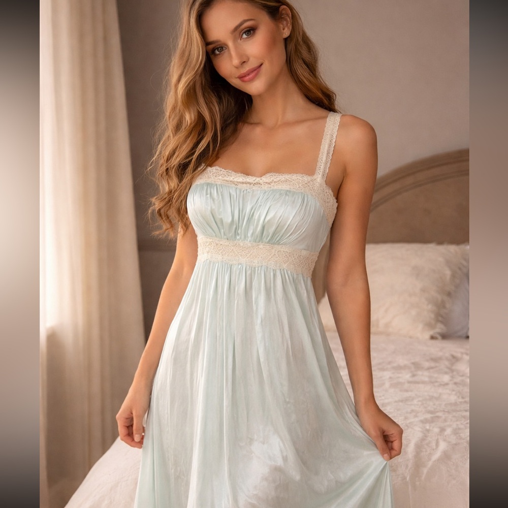 VINTAGE Miss Elaine Light Blue Satin and Lace Nightgown medium